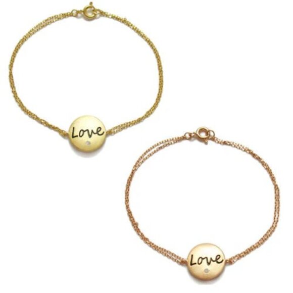 GOLD OVER STERLING SILVER "LOVE" ETCHED WITH CZ ROUND TAG BRACELET. - Picture 1 of 5